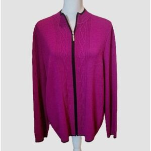 St. John Sport Santana Knit Sweater Womens XL Berry Black Front Zip Cable VTG